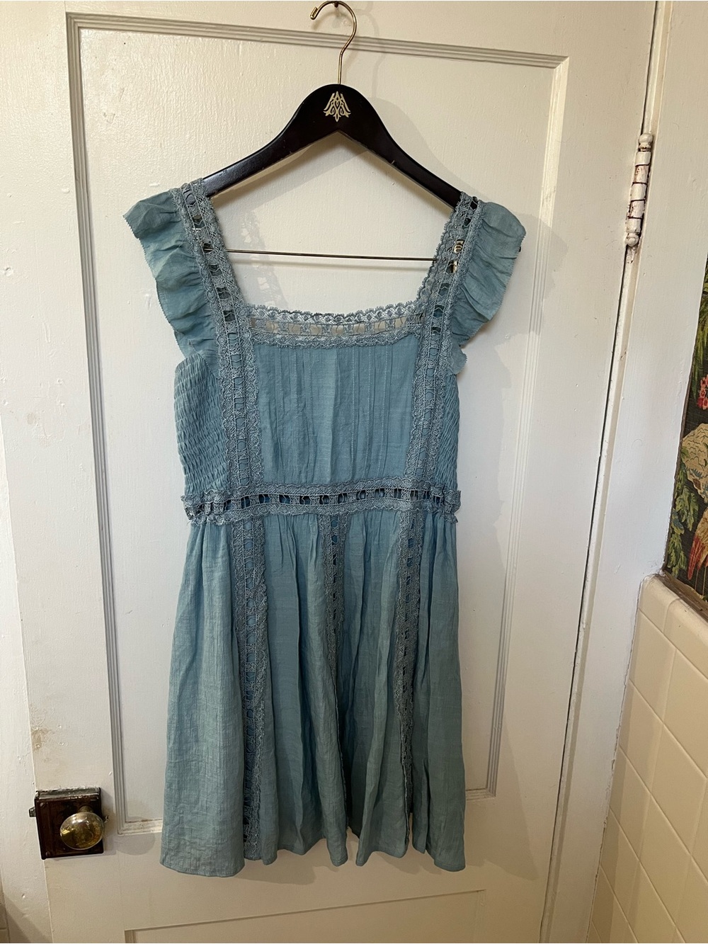 Entro Dusty Blue Boho Lace Trim Mini Dress Size M EUC